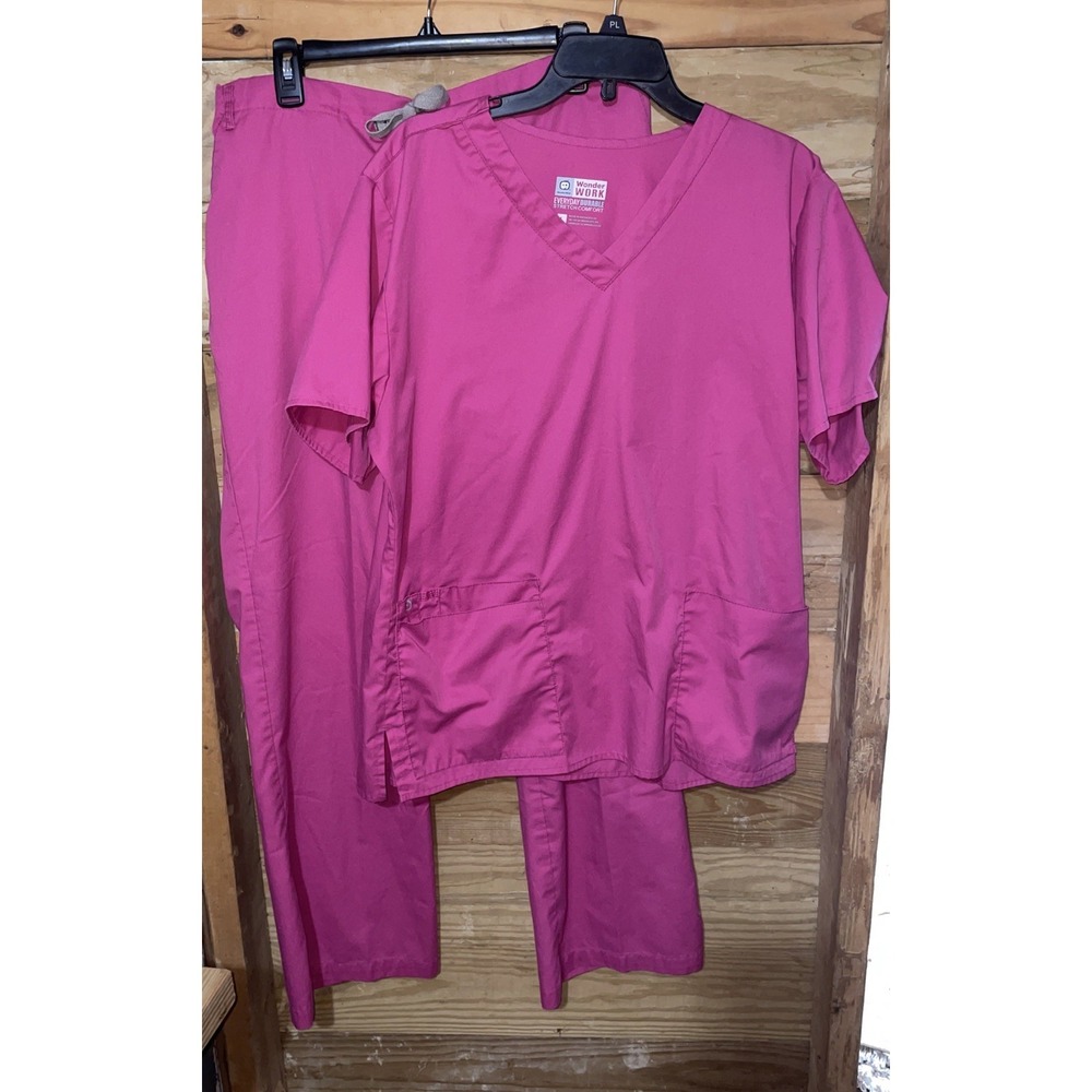 WonderWink Women's Scrub Top & Pants Size Large Pink Wonder Work Stretch